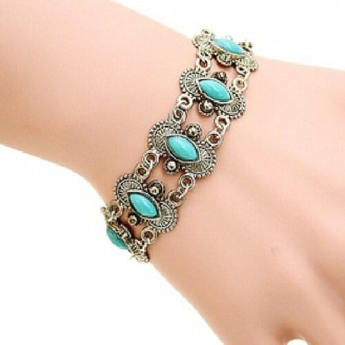 Hot Vintage Bohemian Alloy Antique Silver Plated Personality Oval Bracelet For Women Wrist Band Fashion Female Jewelry Gift