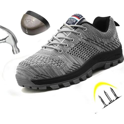 Safety Shoes Men Breathable Mesh Lace Up Rubber Sole Steel Toe Anti Smashing Puncture-resistant Indestructible Work Boots Male