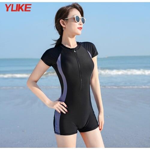 New Style Women Short-Sleeve High-Elastic Surfing Suit One-Piece Swimsuit Zipper Swimsuit With Chest Pad Swimming Surf Suit 2021