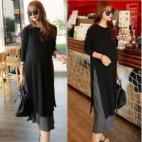 Maternity Clothings Fake Two Piece 100% Cotton Dress Long Sleeve Ankle-Length Pregnancy Round neck Dress Pregnant women B50 10