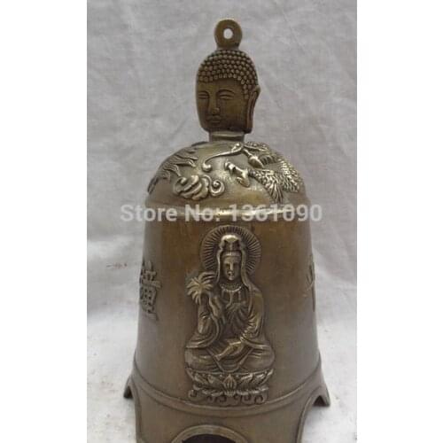 10" Tibet Bronze Buddhism Kwan-Yin Set Shakyamuni Buddha Head Statue Dragon Bell