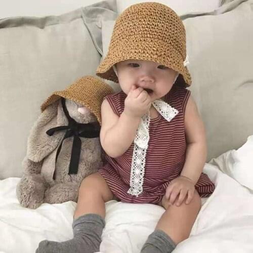 Spring Summer Baby Boy Girl Bucket Straw Hat Cap Crochet Lace Up Outdoor Beach Sun Visor Block Hat Children Kids Hats and Caps