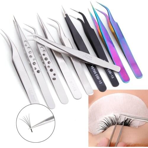 2Pcs Lash Extension Tweezers Fake Eyelashes Volume Lashes Stainless Steel Straight Curved Makeup Eyebrow Hair Removal Tweezers