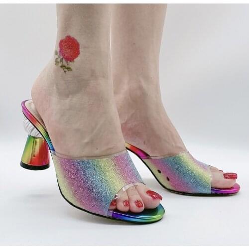 Rainbow Colorful High Slippers Women Shoes PVC Summer Outdoor Sandals Sexy Shoes for Ladies Round Heeled Shoes for Party Wedding