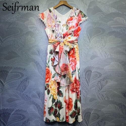 Seifrmann New 2021 Summer Women Fashion Designer Party A-Line Dress Sexy V-Neck Bow Sashes Ruffles Printed Ladies Midi Dress