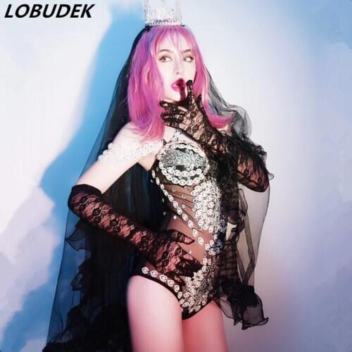 Sexy See Through Rhinestones Bodysuit Women Singer Dancer DJ DS Costume Party Show Rave Nightclub Bar Stage Performance Leotard