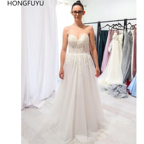 HONGFUYU Simple A-line Chiffon Wedding Dresses 2020 Sleeveless Illusion Crew Neck vestido de noiva Appliques Lace Bridal Gowns
