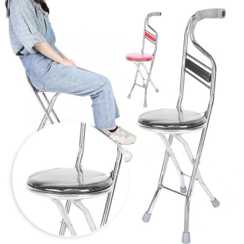 Folding Walking Hand Stick Stool Elderly Stainless Steel Four-Leg Thickening Walking Cane Old People Exercising Rest Chair c
