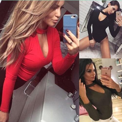 Sexy Womens Long Sleeve Bodysuit Choker Romper Deep V Neck Bodycon Body Suit One Piece Fitness Overalls For Women
