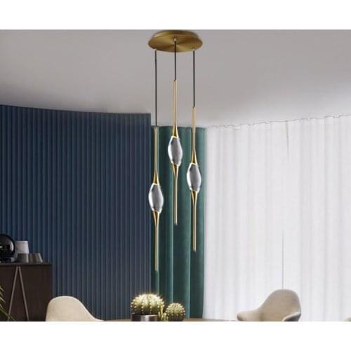 Modern Nordic Polishing Full Copper Black / Bronze Pipe Wire Hanging Light with Shiny Water Drop Shape LED Crystal Droplight