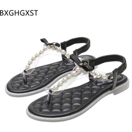 Flats Shoes Women Transparent Pearl Women Sandals Summer 2021 Female Shoes Woman Crystal Flat Sandals Women T-strap Chaussure