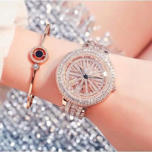 Rotate Dial Women Watches Iced Out Diamond Ladies Watch Stainless Steel Gold Female Clock Crystal Bracelet Wrist Watch For Women