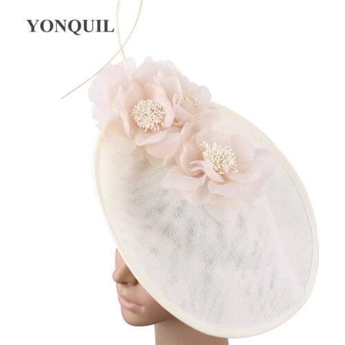 Vintage Beige Wedding Headwear Church Big Fascinators Party Hats Women Kentucky Derby Accessories Bridal Ladies Days Headpiece