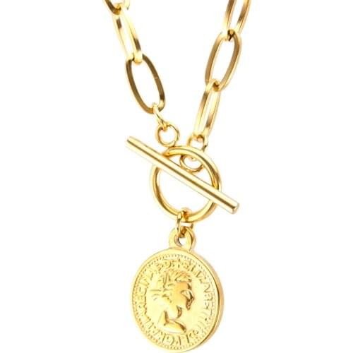 Stainless steel 2021 Lucky Coin PENDANT TRENDY WOMEN Long NECKLACE GOLD COLOR T BAR CHOKER collares de moda Boho Collier gift