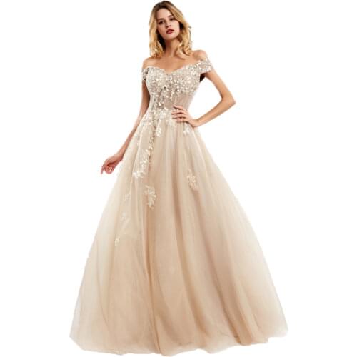 BEPEITHY Off The Shoulder Lace Evening Dresses Long For Women 2021 Champange Vintage A-Line Prom Gown Reception Elegant
