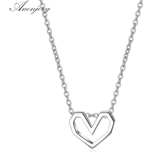 ANENJERY 925 Sterling Silver Hot Fashion Hollow Love Heart Necklace For Women Best Gift Necklace collares S-N281