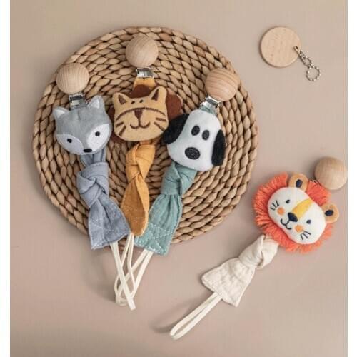 1pc Baby Pacifier Chain Cotton Cartoon Animal Dummy Pacifier Clips Chain Teething Wooden Nipple Clip Baby Chew Toy for Gift