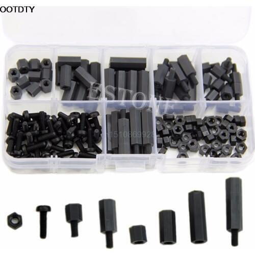 160Pcs M3 Nylon Black M-F Hex Spacers Screw Nut Assortment Kit Stand off Set Box