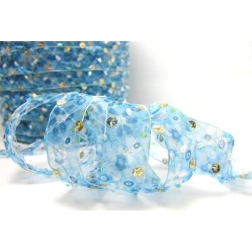 5/8 Inch Blue Beaded and Sequined Floral Embroidered Chiffon Ribbon|Beaded Embroidered Trim|Organza Trim|Craft Supplies