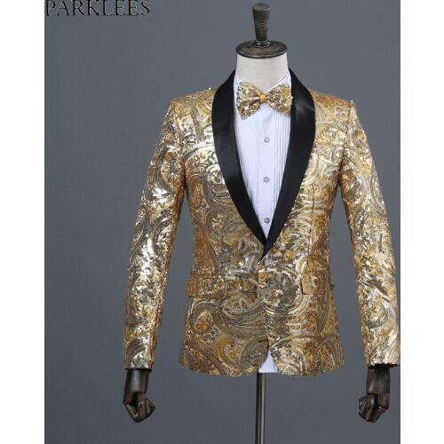 Shiny Floral Sequin Glitter Shawl Collar One Button Blazer Jacket Men 2018 Brand New Wedding Stage Prom Nightclub Costume Homme