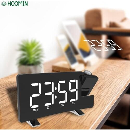 Digital LED Snooze Alarm Clock Timer Rotating Projector FM Radio Projection Backlight Desktop Curved Screen Alarm Clock