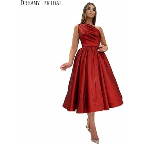 Dreamy Bridal One Shoulder Taffeta Cocktail Dresses A Line Tea Length Handmade Pleated Party Gowns