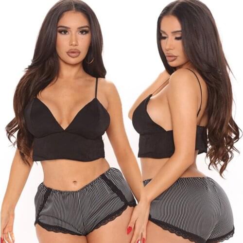 2Pcs Women Lingerie Set Spaghetti Straps V-Neck Crop Tops + Elastic Waist Shorts Nightwear for Girls Black