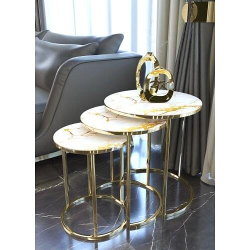 Unbreakable Glass Nesting Table Marble Pattern 3 pcs Gold Metal Nesting Modern for Homes Furniture Round for Living Room Design