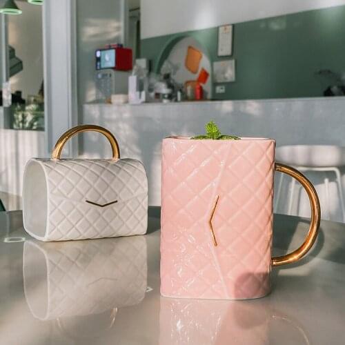 Bag Shaped Cup Light Luxury Cute Mugs For Girls Cup Ceramic Mug Cup Coffee Mug Pink Bule White Color Mugs Bulk