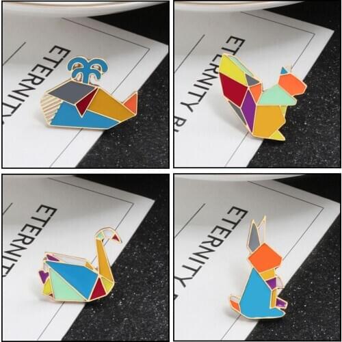 Cute Fashion Origami Crane Rabbit Cat Goose Whale Brooches Colorful Splicing Animal Enamel Pins Badges Jewelry