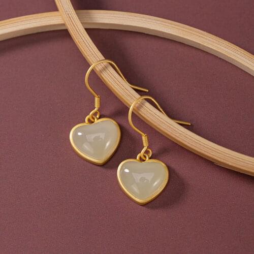 Original S925 Sterling Silver Gold Natural Hetian Jade White Jade Creative Fashion Heart-Shaped Womens Earrings Eardrop Earring