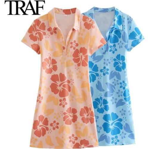 Traf Za Women Fashion Short Sleeve Dresses Summer Vintage Flower Print Dress Mini Dress Short Prom Dress Vestidos Mujer