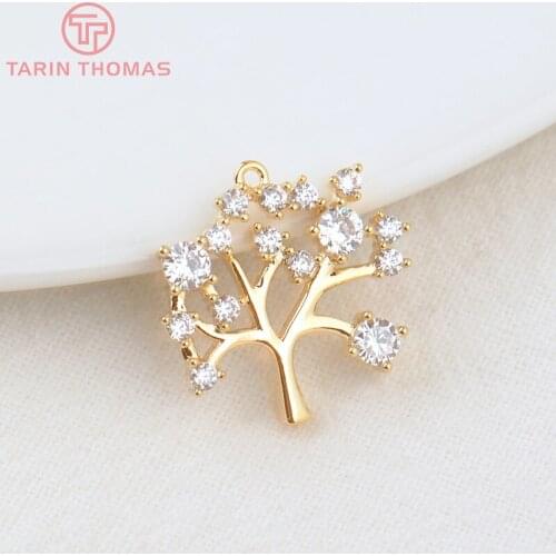 4PCS 15x16MM Hole 0.8MM 24K Gold Color Plated Brass with Zircon Tree Charms Pendants High Quality Jewelry Accessories