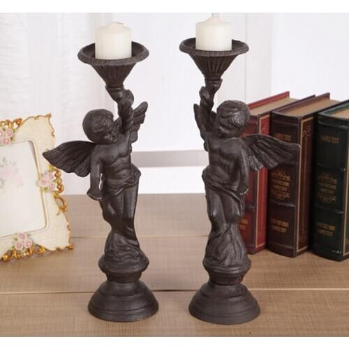 European Style Retro Cast Iron Handicraft Angel Antique Art Candle Holder Home Decoration Ornaments