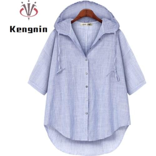 Cotton Linen Womens Shirts Summer Hooded Ladies Loose Tops Oversized 4XL Female Blouse Half Sleeve Simple Black Blause KE1723