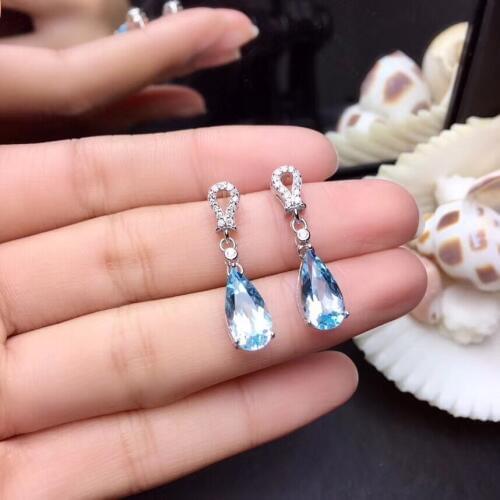 Natural blue topaz gem drop earrings 925 silver Natural gemstone earring women elegant fashion big water drop earrings jewelry