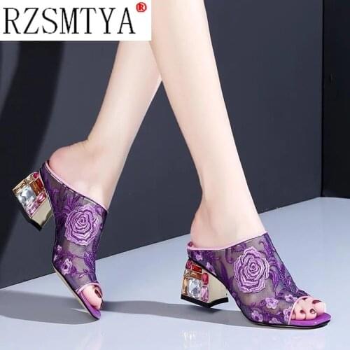 Summer New Slippers Shoes Women Fashion Mesh Embroidered Solid Outer Wear Shallow Square Heel Slides Med 5cm Big Size 42