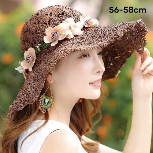 Summer Flower Raffia Bow Sun Hat for Women Large Brimmed Hat Folding Beach Sun Protection Straw Hat d88