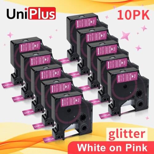 UniPlus 10PK White on Glitter Pink 12mm Labeling Tape Replace Dymo D1 Tape Shiny Printer Ribbon for Dymo Label Maker Typewriter