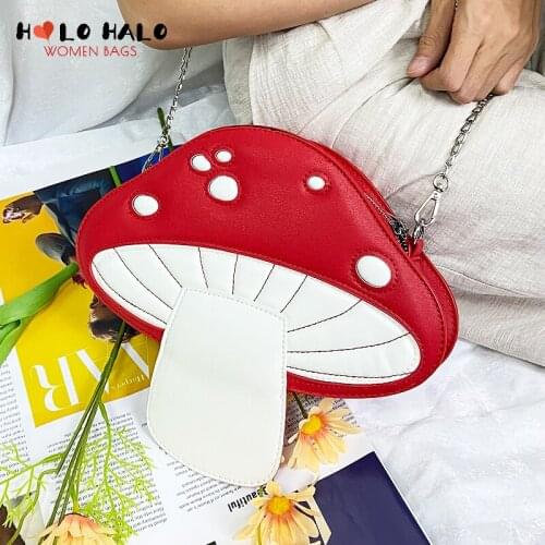 Fun Red Mushroom Designer Fashion Girls Shoulder Bag Female Handbag Pu Leather Crossbody Chain Bag Purse Women Clutch Bag