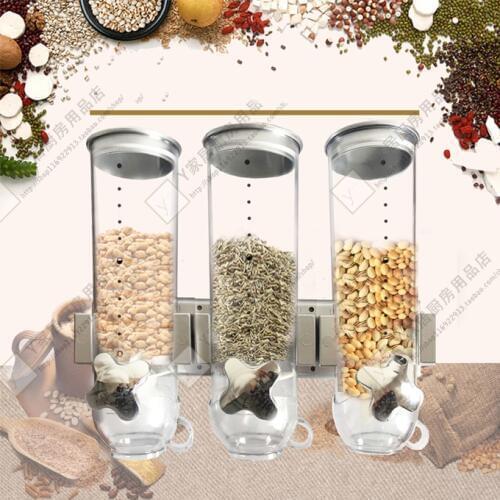 3pcs/set Cereal device Wall Mounting Type Food Grain Storage Tank Wall-Mounted Triple Cereal Dispenser 3 dispensing cylinders