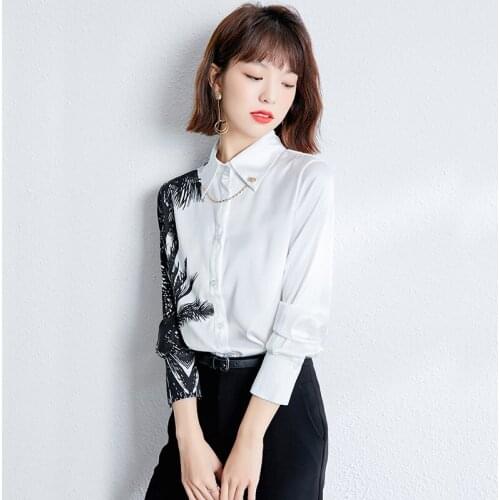 Loose Sleeve White Ink Print Blouse Women White Patchwork Office Lady Casual Tops 2021 Summer Autumn New Fashion Shirt Loose Top