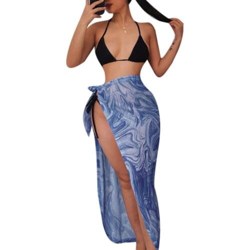 Women Mesh Beach Sarongs, Sexy High Waist Abstract Striped Print Swimsuit Wrap Skirt Bikini Cover Up