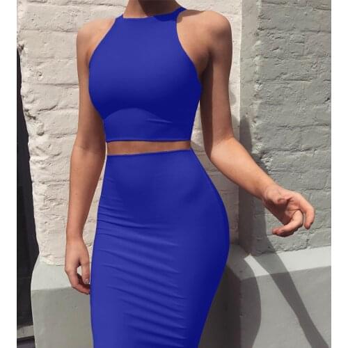 Women Royal Blue Sleeveless Halter Dress Set Sexy Summer Two-piece Set Girl Skirt Set Plus Size 2 Piece Outfits Women Clubwear