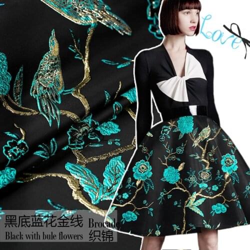 Gold line Sky blue bird jacquard brocade plush fabric for dress coat tissu au meter cheap fabric DIY shabby chic tecido tela