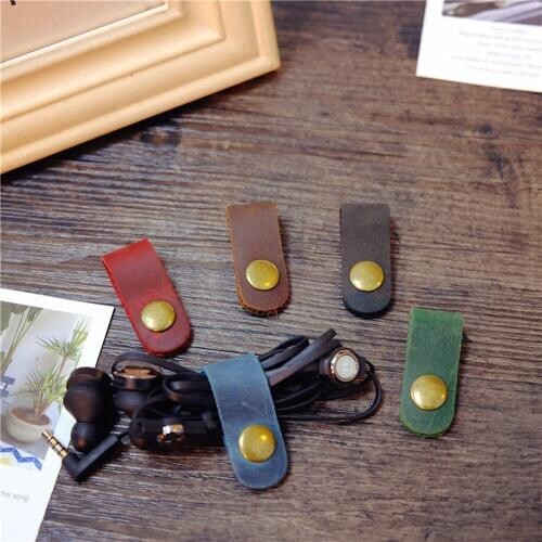 10pcs/lot Genuine Leather Cable Wire Organizer Earphone Winder Line buckle Cord Management Holder For iphone USB Data cable
