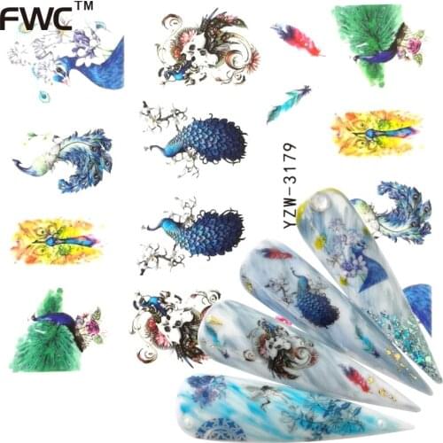 ZKO 2021 New Arrival 1 PC Nail Art Peacock Animal Flower Water Design Tattoos Nail Sticker Decals for Beauty Manicure Tools
