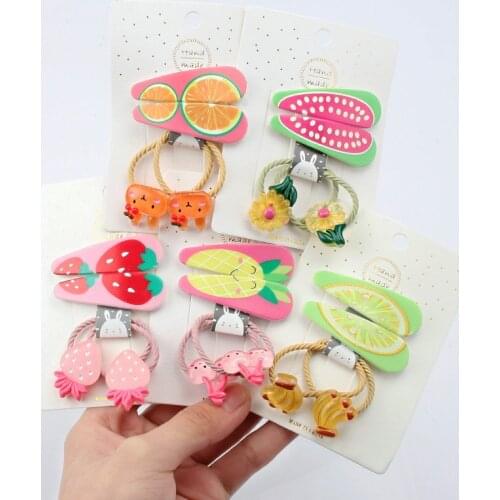 4Pcs/Set Baby Cute Animal Rubber Band BB Clip Cartoon Fruit Hairpin Elastic Hair Bands Hair Accessories Child Hair Rope Headwear