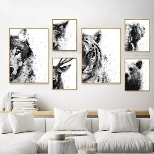 Abstract Watercolor Animals Painting Black White Posters Print Lion Elephant Peekaboo Nursery Canvas Pictures Living Room Decor