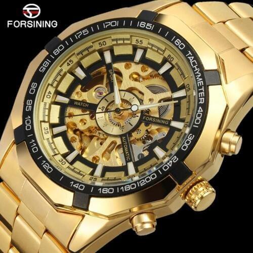FORSINING Top Brand Luxury Automatic Mechanical Men Watch Skeleton Stainless Steel Bracelet Self-wind Wrist Watch Men Clock